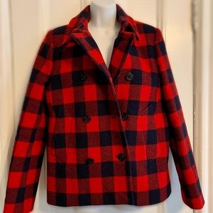 Handsome J. Crew Red & Navy Checked Wool Pea Coat